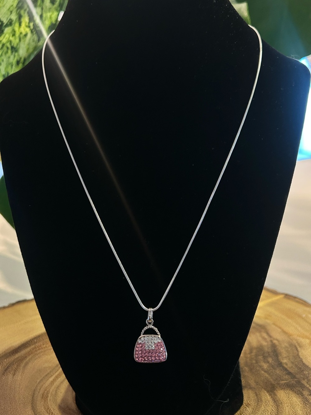 Sterling Silver Pink Crystal Purse Pendant Necklace - 18" .925 Snake Chain